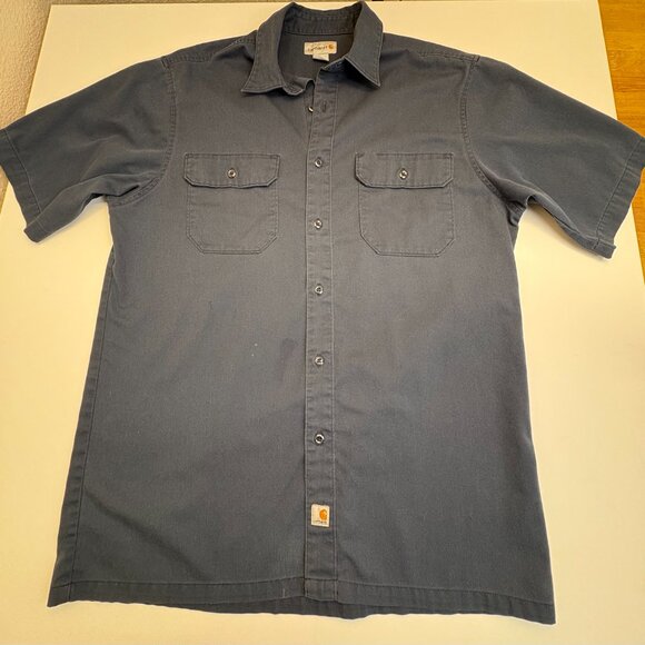 Carhartt Workwear Button Up Shirt Mens Large Blue Short Sleeve Flawed - Picture 2 of 8